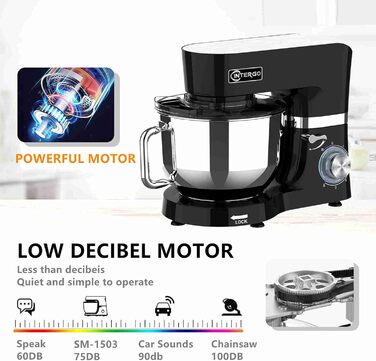 Кухонна машина 1500W з чашею 6.2L з нержавіючої сталі, 6 швидкостей, міксер для тіста, з набором насадок (вічорник, гак для тіста, вінчик), кришка-розбризкувач та скребок для тіста, чорна