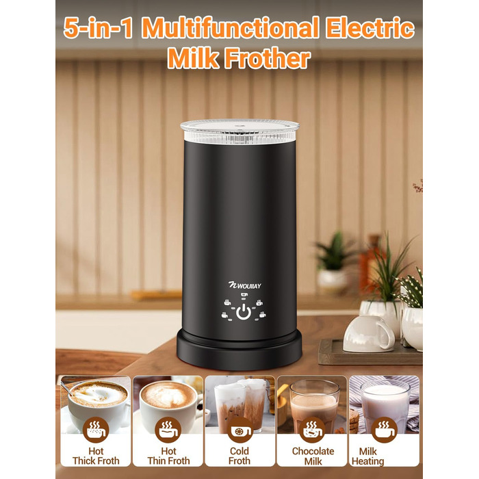Електричний спінювач молока 5-в-1 600W з антипригарним покриттям. Підходить для приготування гарячого та холодного молочного пін, какао, лате, капучино. Чорний.