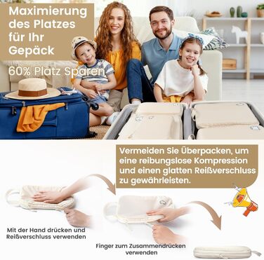 Набір органайзерів для подорожей у валізу з компресією, 8 шт, водонепроникні пакувальні куби для ручної поклажі та рюкзака, бежевий