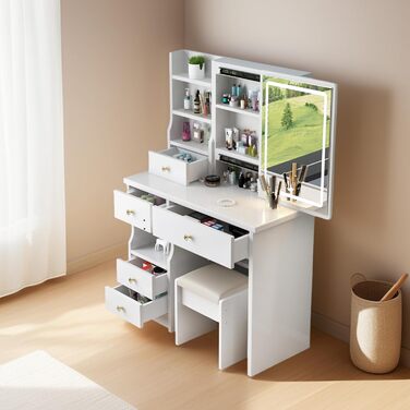 Дзеркальний туалетний столик з LED-підсвічуванням та пуфом, 6 ящиків, 3 полиці, сучасний дизайн, дерево, білий (T68)