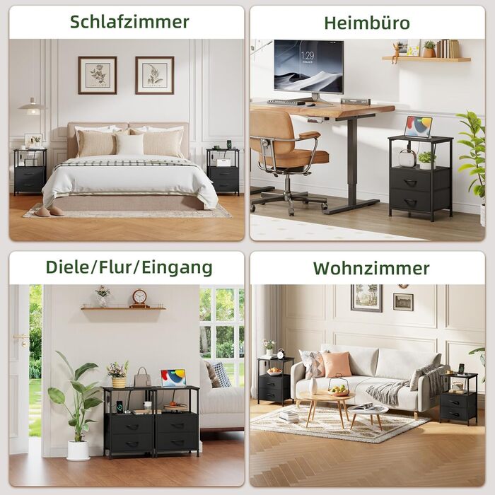 Нічний столик Somdot з підзарядкою, LED, розеткою (USB, Type-C) для спальні, вітальні, дитячої кімнати, чорного кольору, 30x40x60 см (2 висувні ящики)