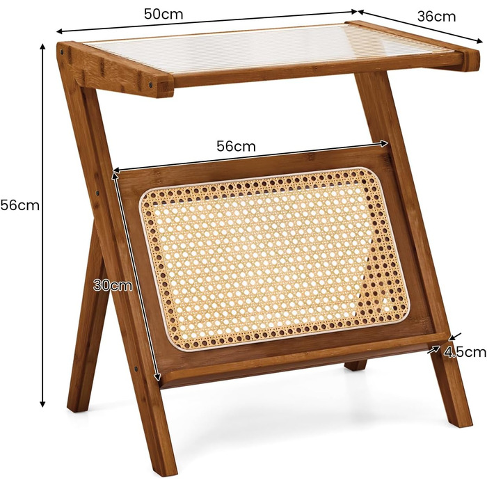 Журнальний стіл LIFEZEAL з ротанга, скляний стіл бамбук з L-подібною полицею, стіл для вітальні скляний з тримачем для журналів, диванний стіл для вітальні, спальні, 50 x 36 x 56 см (коричневий)
