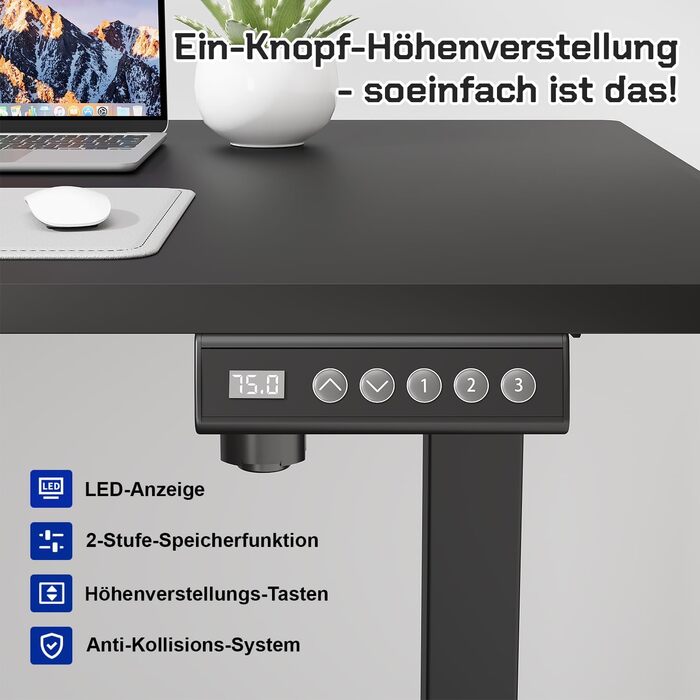 Стол офісний JUMMICO з регулюванням висоти, 100x160 см, 3 положення пам'яті, білий/чорний