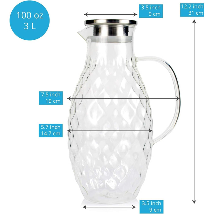 Скляний глечик з кришкою та носиком – 3 літри, з термостійкого скла Borosilikat з ручкою – глечик для гарячих та холодних напоїв, глечик для води, глечик для айс-ті – від PJC-Kitchen