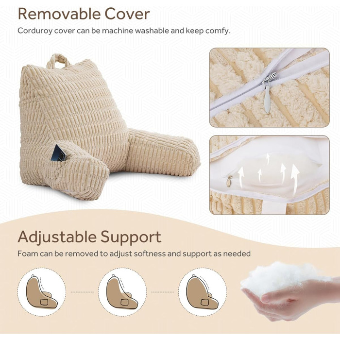 Крісло-мішок Holawakaka для читання та відпочинку з підлокотниками та спинкою, велике, кремове