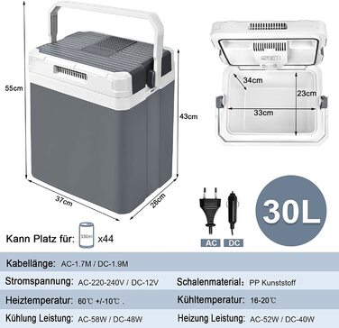 Електричний холодильник YUENFONG 30L Cool Box з колесами Електричний охолоджувач Автомобільний холодильник 12 В 230 В з функцією охолодження та збереження тепла, для подорожей, автомобіля, кемпінгу (30 л)