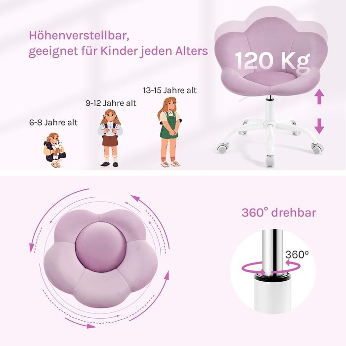 Дитячий ергономічний стілець WOLTU для столу, туалетного столика, офісу, регульована висота, оксамит, світло-фіолетовий
