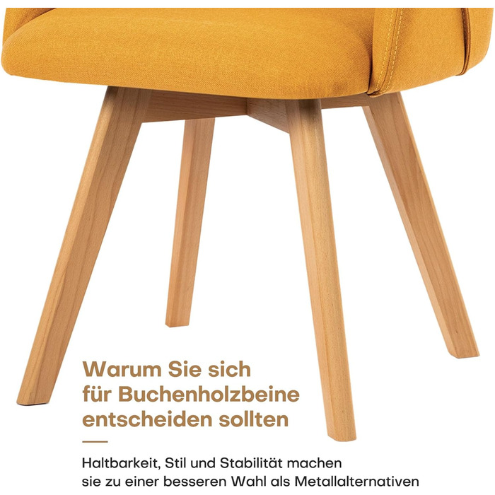 Обідальні стільці Bekrvio (2 шт) з обертанням та підлокітниками – 360° для їдальні, стільці до обіднього столу, обертаються, з м'яким сидінням, з дерев'яними ніжками з масиву бука, жовті, з тканини льон