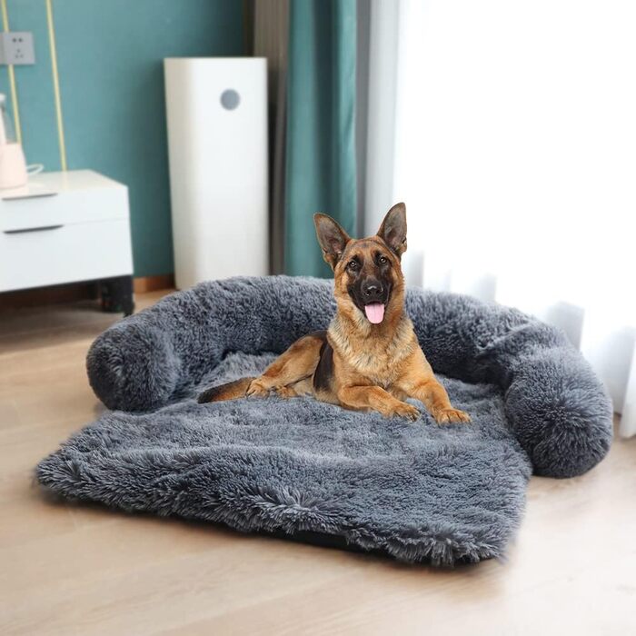 Плюшеве ліжко для собак MoonxHome з поролоновою підкладкою для шиї, плюшеве ліжко для домашніх тварин для собак середнього розміру, універсальний чохол для меблів для домашніх тварин, чохол для дивана-ліжка, придатний для машинного прання темно-сірий сере