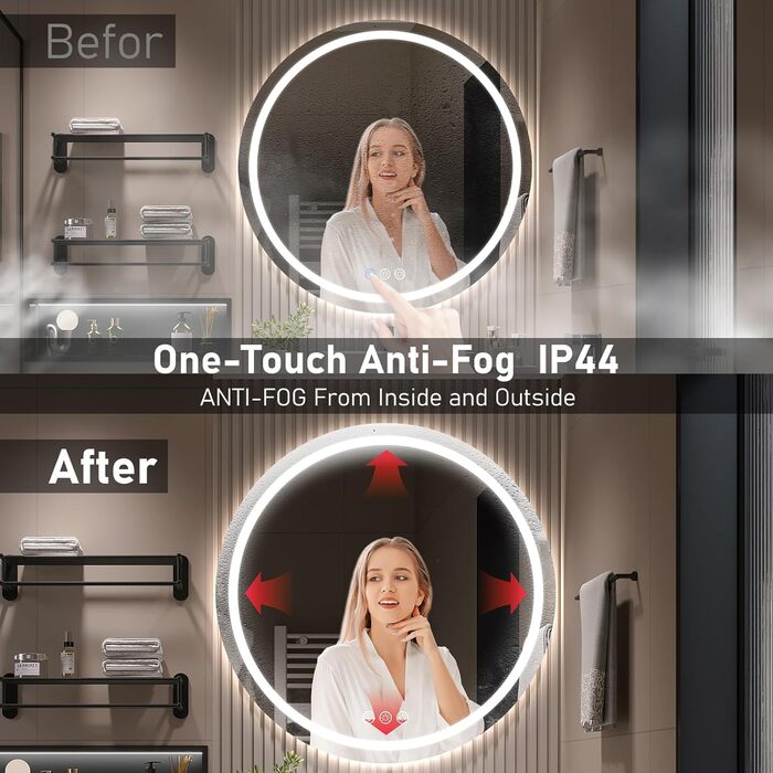 Дзеркало для ванної кімнати з підсвічуванням, 60 см, кругле, з антизапарюванням, регульоване, 3 кольори світла (70x70 см)