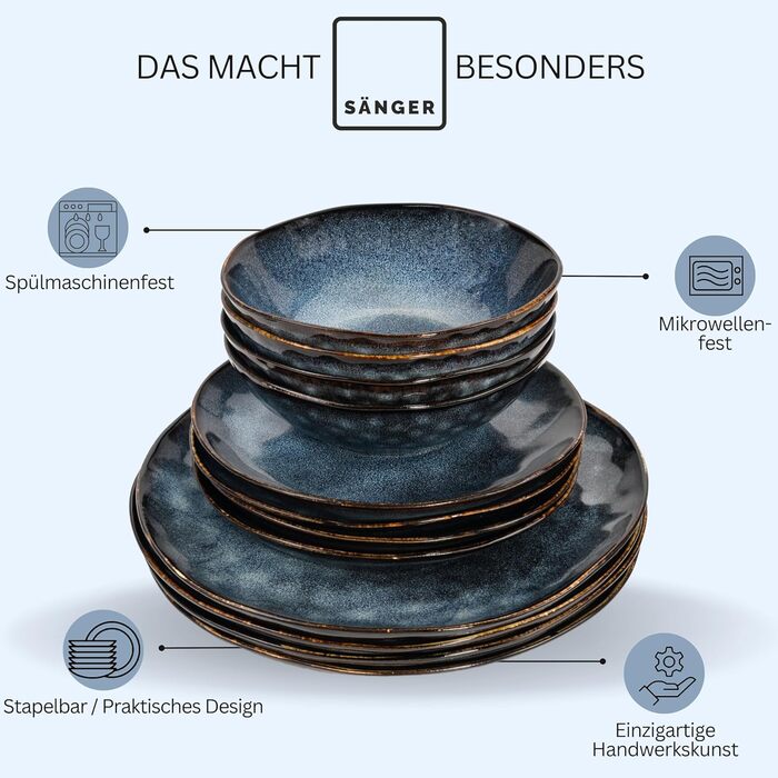 Sänger Tafelservice Tokio: 24-ти елементний набір посуду для 8 осіб, стегонна кераміка, сучасний ручної роботи, темно-синій з чорними акцентами | PREMIUM COLLECTION