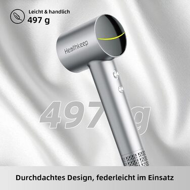 Фен для волосся Healthkeep з негативними іонами, 1600 Вт, високошвидкісний мотор 10 000 об/хв, 2 дифузори, низький рівень шуму (<78 дБ), швидке сушіння