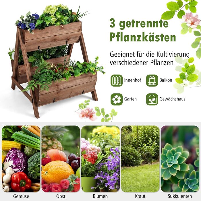 Вертикальна грядка COSTWAY з 3 рівнями, 6 контейнерами для квітів, дерев'яний ящик для тераси, балкона, саду 126x90x115 см (коричневий)