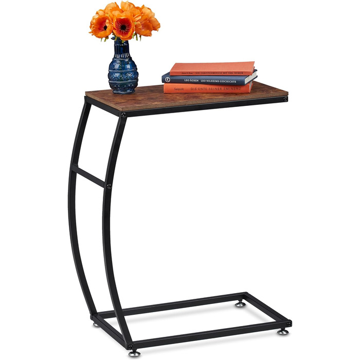 Журнальний стіл Relaxdays промисловий дизайн, С-подібна форма, HBT 58,5 x 47,5 x 25 см, Стіл для дивана та ліжка, Метал та МДФ, коричневий
