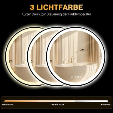 Дзеркало кругле PESENXAN 70см з чорною рамою та підсвічуванням. Антизапарник, диммер, 3 кольори світла, LED, енергозбереження, сенсорна кнопка, функція пам'яті. 60x60 см