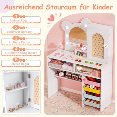 Детский туалетный столик COSTWAY в форме медведя с подсветкой, зеркалом, шкафчиком, 5 ящиками и отделениями, из дерева, для девочек от 3 лет