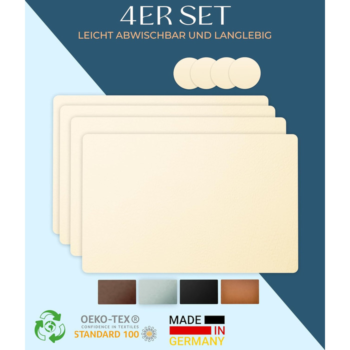 Набори серветок на стіл, 4 шт. – екологічні, стабільні та неслизькі – з високоякісної переробленої шкіри, Made in Germany (Бежевий)