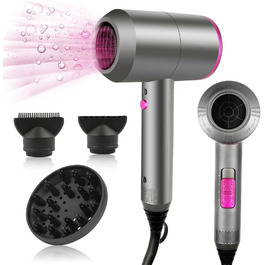 Професійний іонний фен для волосся з AC-мотором, 3 температурні та 2 швидкісні режими, кнопка холодного повітря, 3 насадки-концентратори та дифузор, сірий