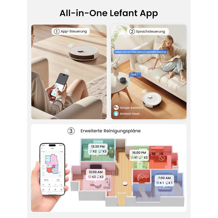 Робот-пилосос LEFANT M2Plus з функцією миття підлоги, 6000Pa, станція самостійної очистки, LiDAR-навігація, ідеальний для видалення шерсті тварин