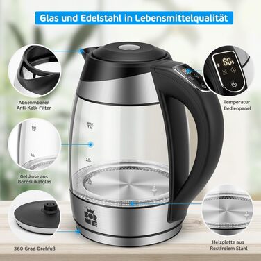 Електричний чайник FOR ME Glas 1.8L з регулюванням температури (40°C - 100°C), LED-підсвічуванням 7 кольорів, функцією підтримання тепла, BPA Free, без сита для чаю