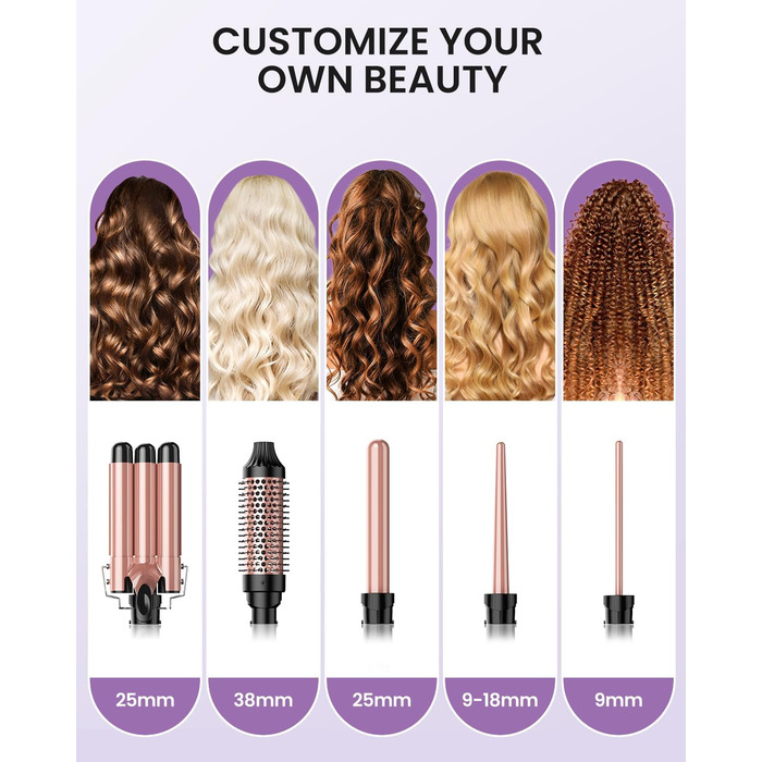 Набір для завивки волосся BESTOPE PRO 5-в-1 з LED-дисплеєм: 3 насадки, регулювання температури, швидкий нагрів, рукавичка, кліпси, рожеве золото