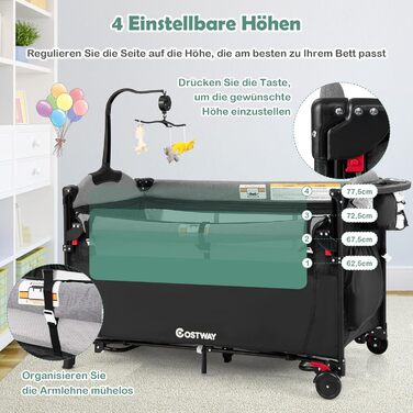 Дитяче ліжко-манеж COSTWAY 120x60 см, 2 рівні, з матрацом, пеленальним столиком, іграшками та музичною шкатулкою, мобільний, регульований, для дітей до 15 кг
