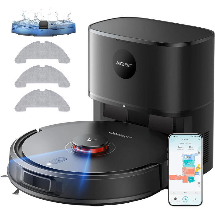 Робот-пилосос Airzeen Q10 Pro S з вологою, LiDAR-навігація, 5000Pa, для тварин, чорний