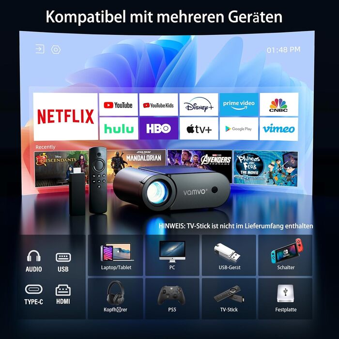 Портативний проєктор Vamvo WiFi 1080P для телефону/планшета/ноутбука/TV Stick