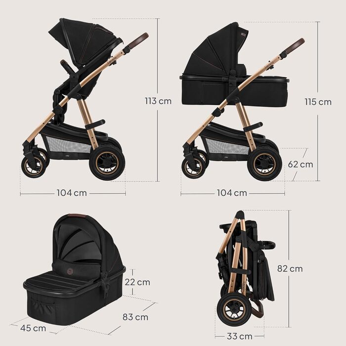 Комплексна коляска Lionelo Amber 3-в-1: люлька, автокрісло i-Size, прогулянкове сидіння, повітряні колеса, XXL капюшон UPF 50+, чорний онікс