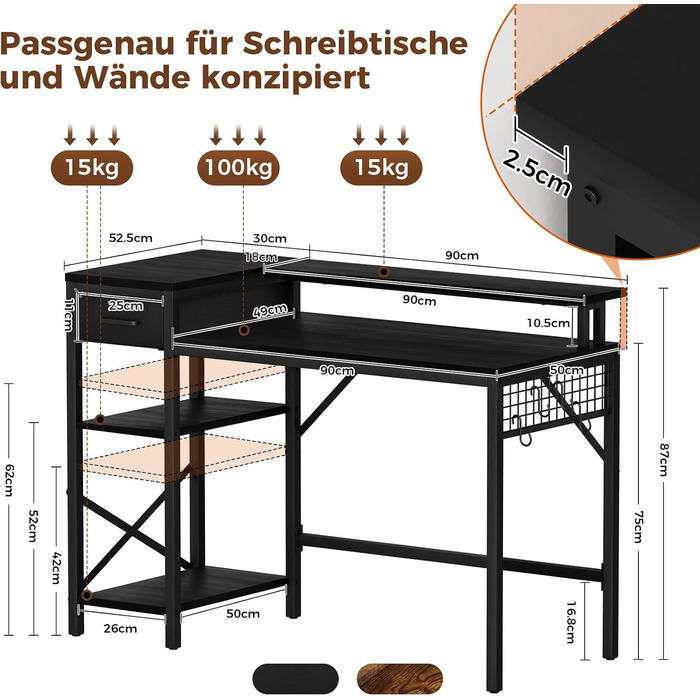 Ігровий стіл Oak & Tea 120x52 см з ящиками, регульованою полицею та підставкою для монітора – для роботи, навчання та геймінгу, коричнево-чорний