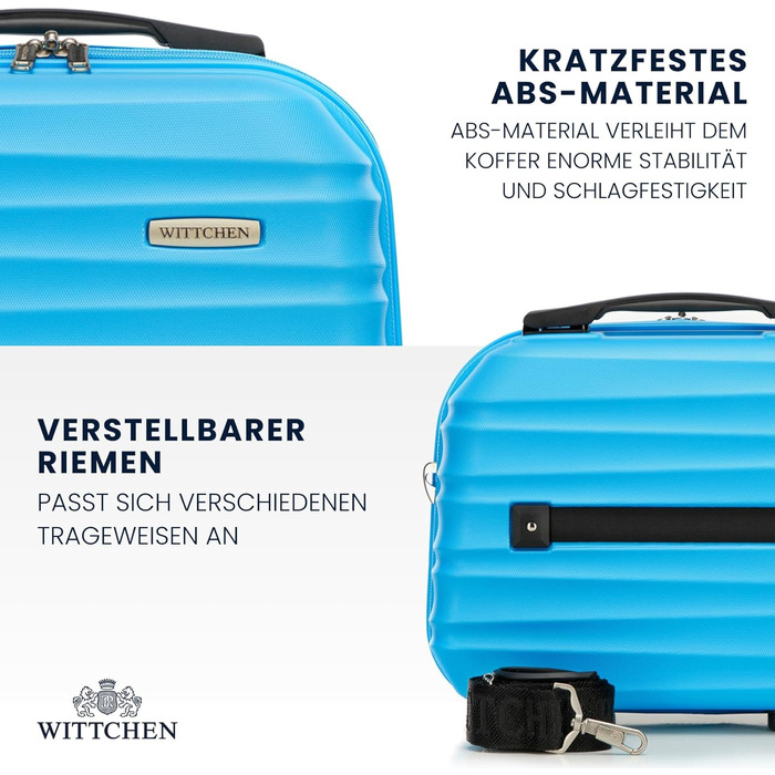 Набір валізWITTCHEN 3 в 1: велика, середня, маленька. Валізи на колесах з ABS, з кодовим замком, 4 колеса, Groove Line. Підходить для Lufthansa, Eurowings, Ryanair, Condor. (Синій, косметичка)