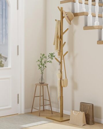 Вішалка для одягу Yawinhe у вигляді дерева з антиковзним покриттям, з масиву дерева, 180 см, 8 гачків, 3 регульовані висоти, для передпокою, 1 шт.