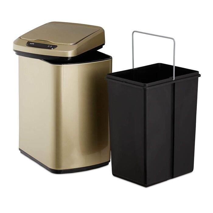 Відро для сміття 12 л, квадратне відро для сміття з кришкою та внутрішнім контейнером, для кухні та ванної кімнати, автоматичне відро для сміття, (золото)