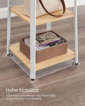 Стійка для одягу VASAGLE з 8 гачками, 4 полицями та вішалкою, металевий каркас, для шалей, курток, сумок, для прихожого, золотий дуб + білий, LCR080W09