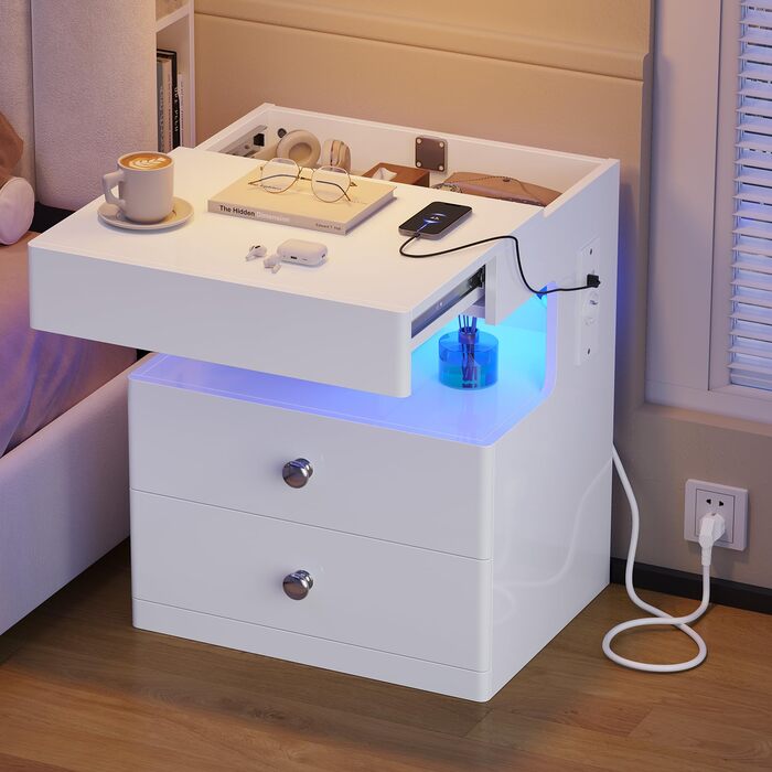 Нічний столик AOGLLATI з секретною поличкою, розеткою та LED-підсвіткою. 2 шухляди, висувний ящик, полиця. Білий, 40x35x59 см