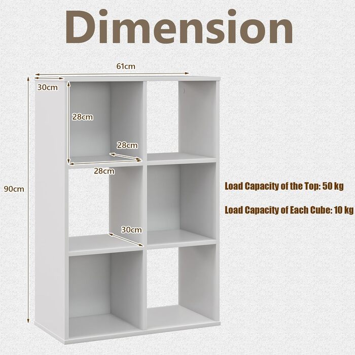 Книжкова шафа з 3 відкритими відділеннями та 3 напіввідкритими відділеннями, книжкова шафа з пристроєм проти перекидання, кубічна полиця Окремо стояча 61 x 30 x 90 см, біла з 6 відділеннями