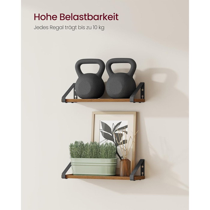 Настінна полиця VASAGLE, 6 шт. у наборі, полиці для стін, 30/35/40 см, для вітальні, кухні, кабінету, ванної кімнати, вінтажний коричневий + матовий чорний, LWS033K02