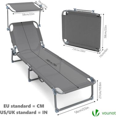 Набір з 2 шезлонгів Vounot, розкладні, для саду, басейну, тераси, сірого кольору. З сонцезахистом та регульованою спинкою.