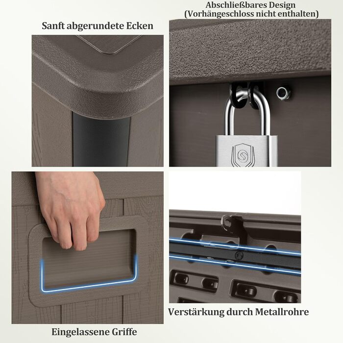 Ящик садовий COSTWAY 378 л, водонепроникний, з кришкою на замок, для подушок та інструментів, коричневий