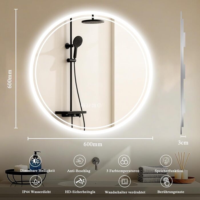 LED дзеркало для ванної кімнати з підсвічуванням 40x60 см – антизапар, 3 кольори, регулювання яскравості, подвійний сенсорний вимикач, пам'ять при відключенні електроенергії, для ванної кімнати/туалету – горизонтальне/вертикальне кріплення