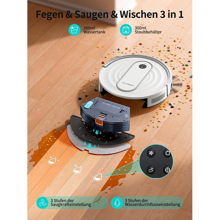 Робот-пилосос Airzeen J10 з функцією миття, 4000Pa, керування через додаток, для твердих підлог, видаляє шерсть тварин, білий