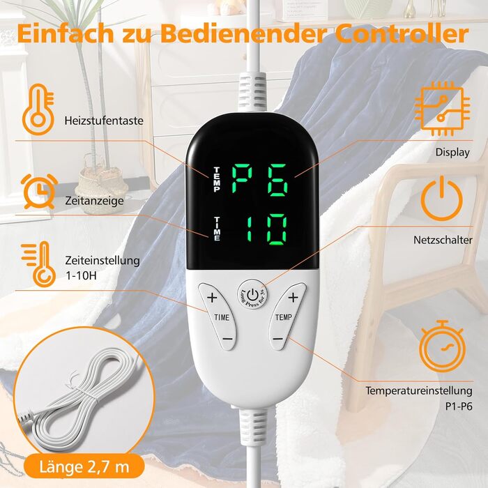 Електрична ковдра з таймером та пультом керування, 133x155 см, 6 режимів нагріву, машинне прання, сіра (155*180 см блакитна)