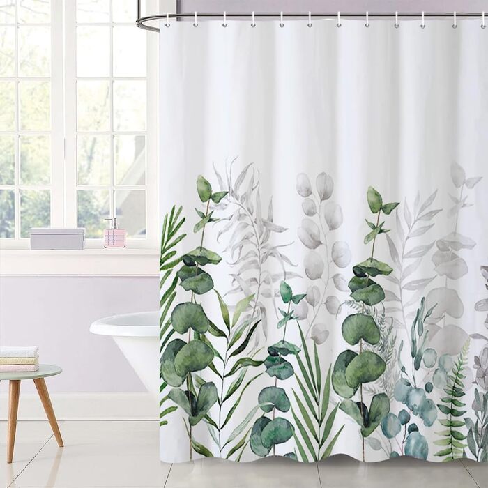 Штора для душу 180x220 см, антигрибкова, з тропічним дизайном (зелені пальмові листя, евкаліпт, гриби), водонепроникна, поліестер, для ванної кімнати, з 12 гачками