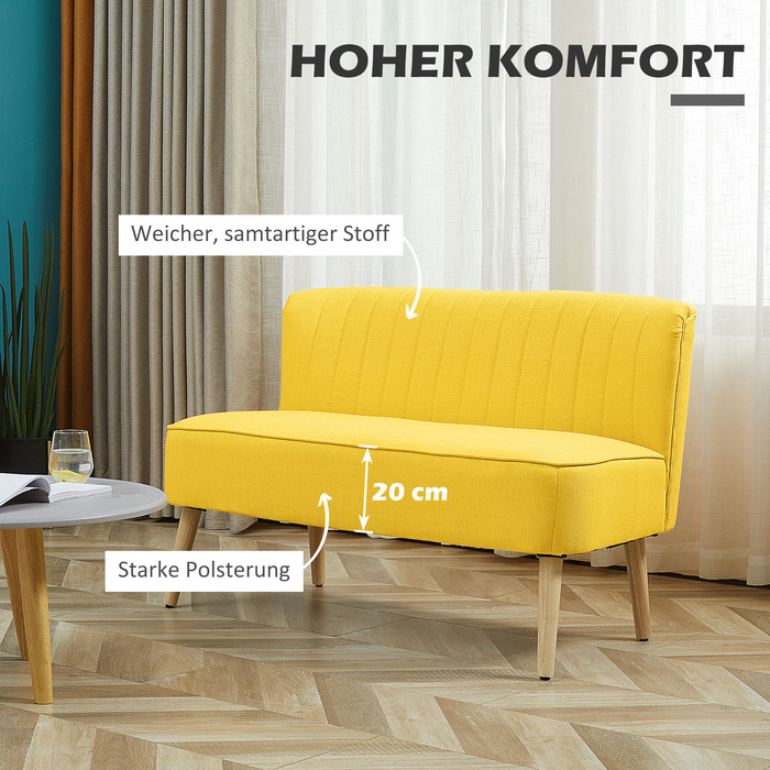 Диван HOMCOM на 2 місця, оббитий тканиною, з м'якими подушками, меблі для сидіння, диван для відпочинку, дерев'яний, з піною та гелем, жовтий, 117 x 56,5 x 77 см | Aosom