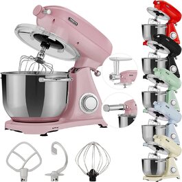 Arebos Ретро кухонна машина 1800W рожева | Міксер з чашею 6л з нержавіючої сталі | Тиха робота | З набором насадок (крюк для тіста, вінчик, насадка для збивання) | 6 швидкостей