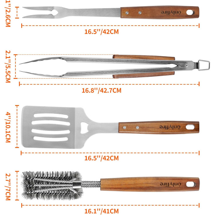 Набір гриль-посуду Onlyfire 4 шт. з нержавіючої сталі та акації (щипці, лопатка, виделка, щітка)