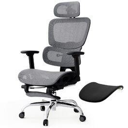 Ергономічне крісло для офісу Voll-Mesh з підголівником, підставкою для ніг, регульованою спинкою, підлокітниками, саморегульованою поперековою підтримкою, PU-колесами, поворот на 360°, 150 кг, темно-сірий