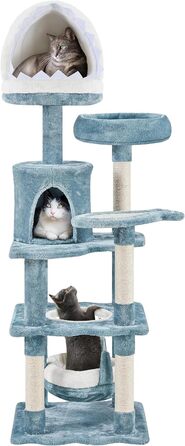 Кігтеточка для котів Yaheetech Sea Cat Tree 155 см, дизайн океану з котячою печерою у формі акулячої пащі Котяче ліжко Підвісний кошик платформа, стійке дерево для скелелазіння для котів, синьо-біле