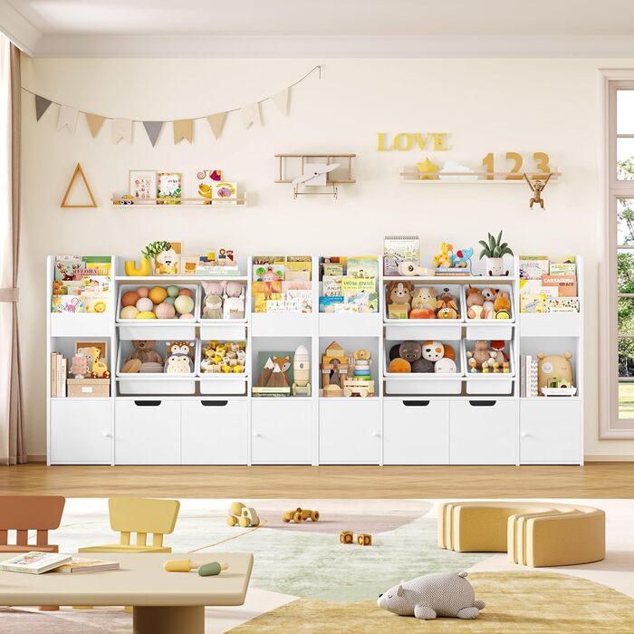 FOREHILL Дитяча полиця для іграшок та книжок, меблі для дитячої кімнати, полиця для дитячої з 2 ящиками на колесах, шафка для дитячих речей з 4 ящиками, 126x30x104 см (Білий/Рожевий)