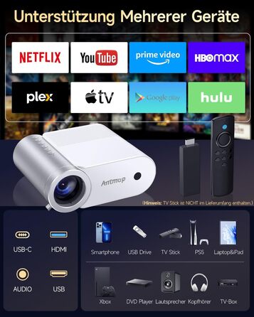 Міні проєктор Beamer Bluetooth WiFi 1080P: Підтримка iPhone/Android, HDMI, USB, Fire Stick, PS5. Компактний проєктор для телефону, фільмів, дому та відпочинку на природі